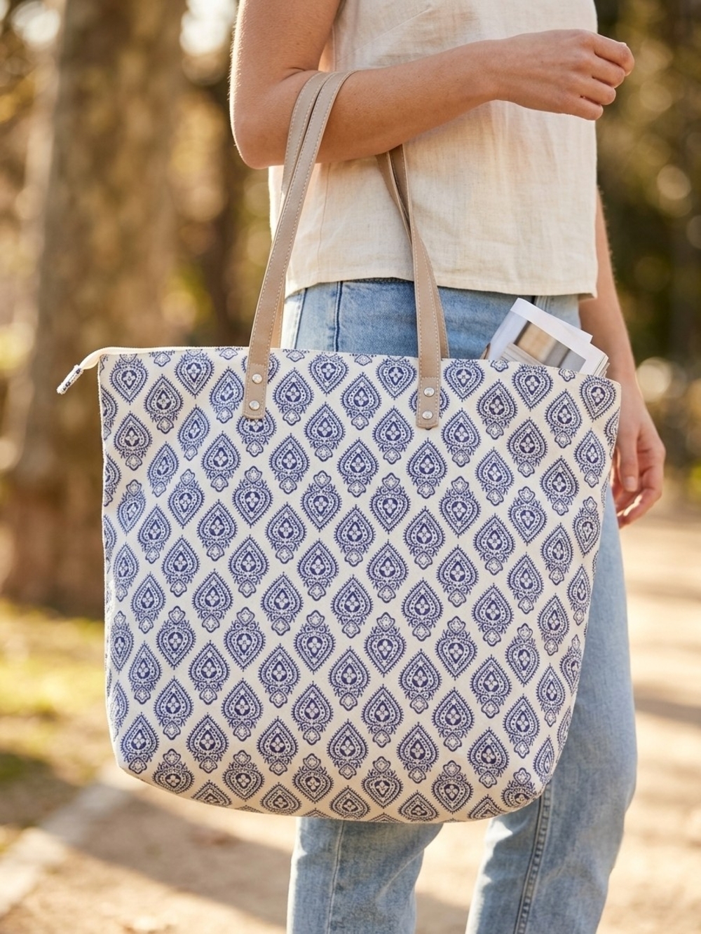 Blue Patterned Canvas Tote with Tan Shoulder Straps